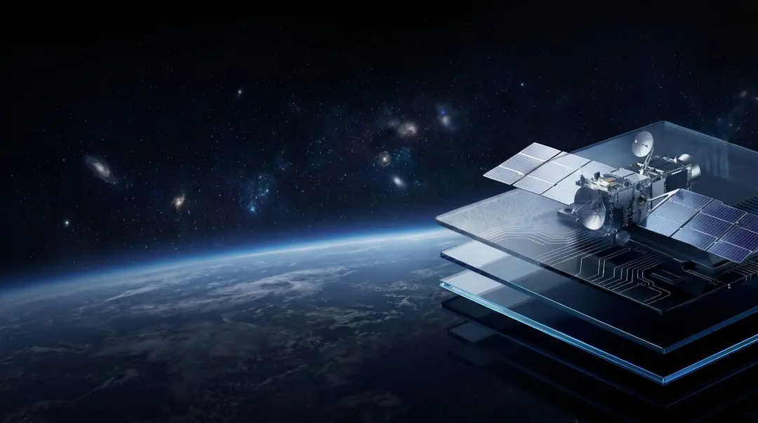 Satellite resting on stacked glass layers above Earth, symbolising layered business connectivity
