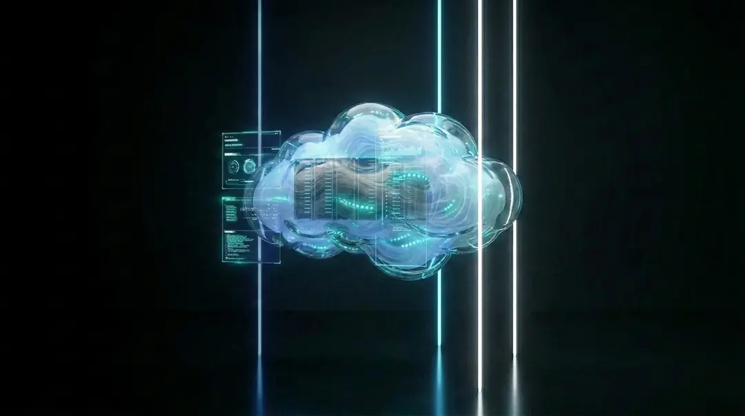 Glass cloud between vertical beams of light, representing private cloud