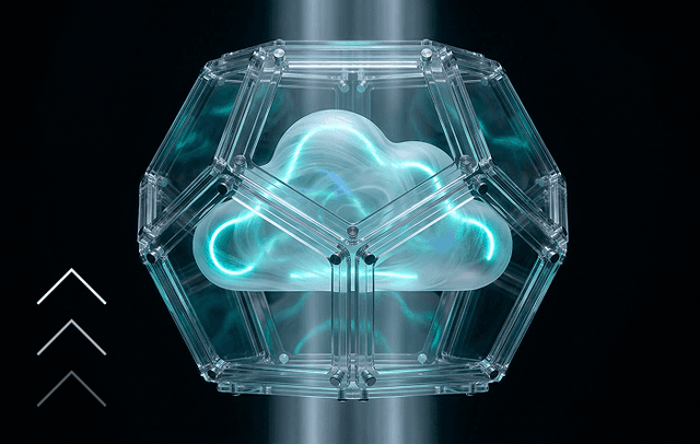 Glass cloud enclosed in a geometric shell, representing private cloud