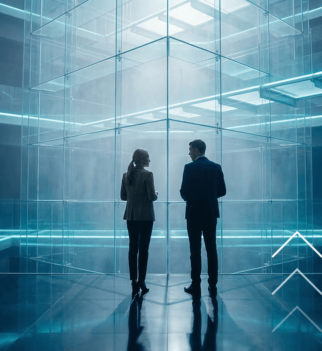 Two professionals in a glass data centre hall