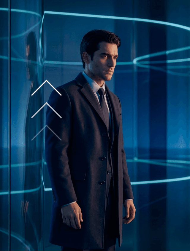 Businessman in a coat standing beside glass panels