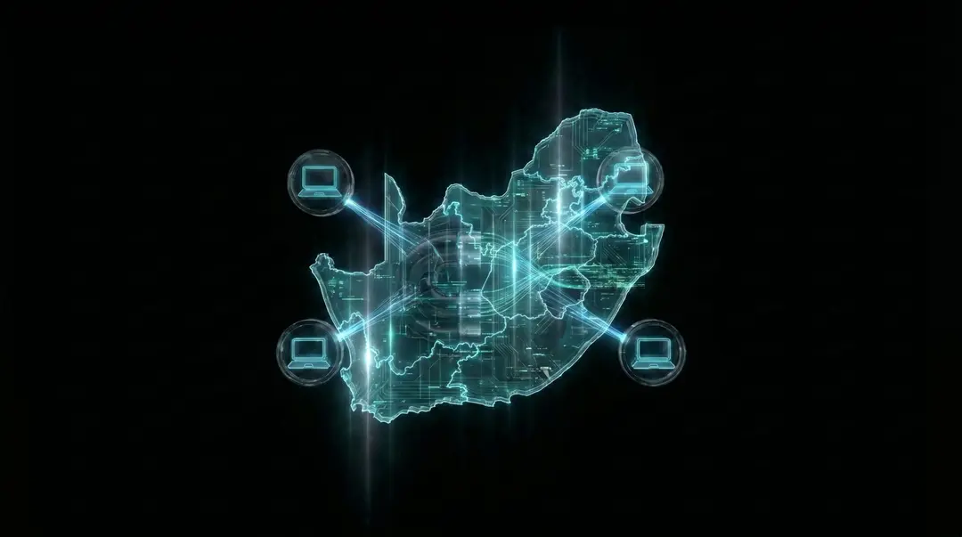 Glowing map of South Africa connected to four laptops, symbolising nationwide last mile access