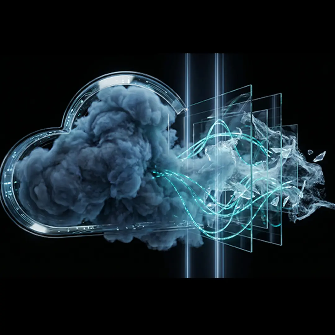 Glass cloud with streams of light, representing cloud infrastructure