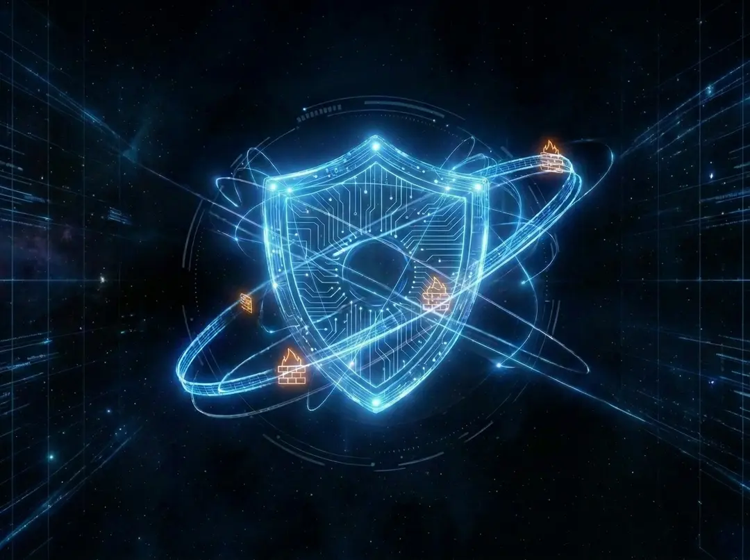 Glowing shield encircled by light, representing Microsoft 365 security