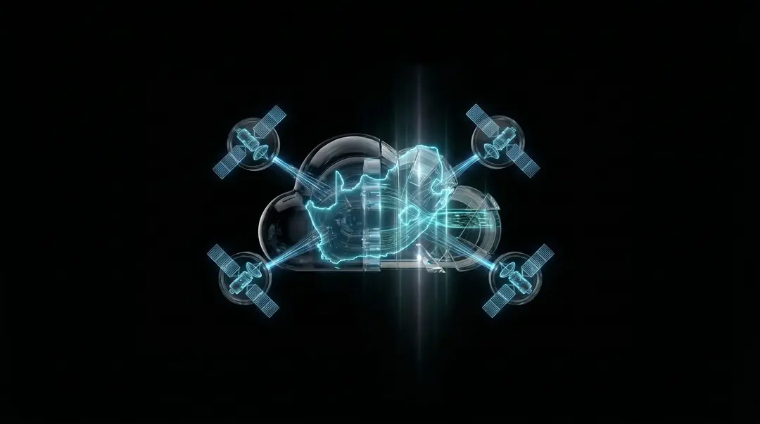 Glass cloud holding a map of South Africa, linked to four satellites