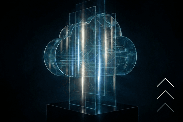 Glass cloud with vertical beams of light