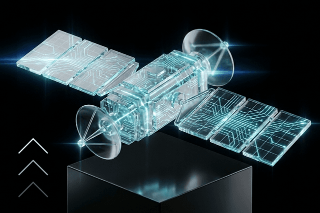 Glass satellite with solar panels, representing LEO satellite connectivity