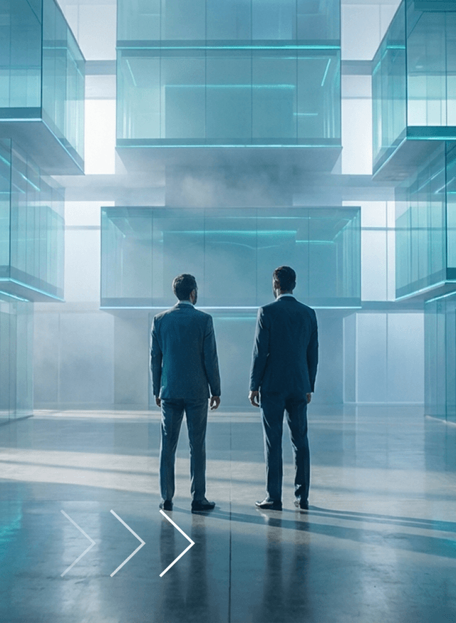 Two businessmen looking up in a glass-walled data hall