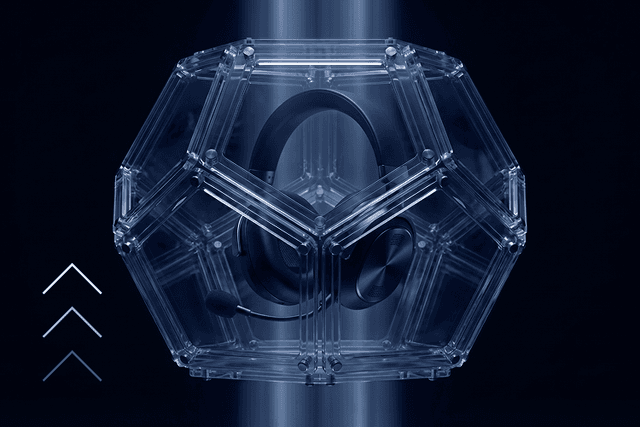 Geometric glass form with a headset, representing unified communications