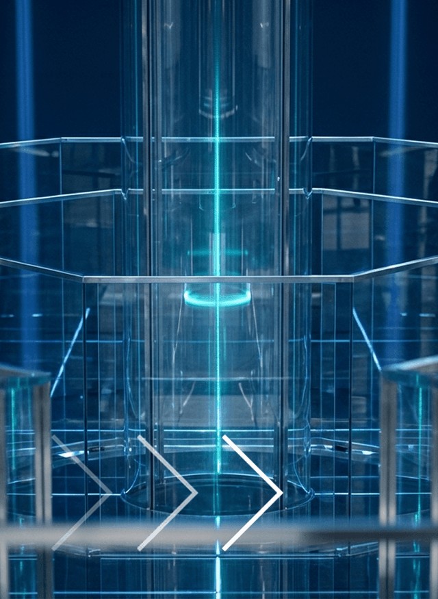 Glass tower lit in blue with a glowing core