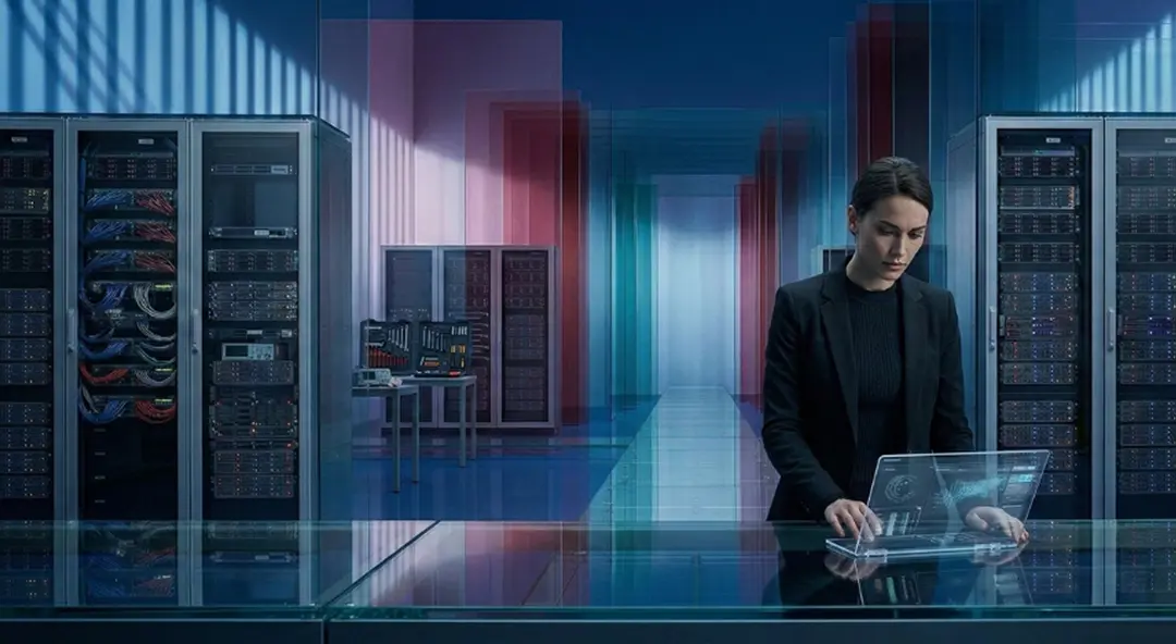 Professional working at a glass console in a data centre