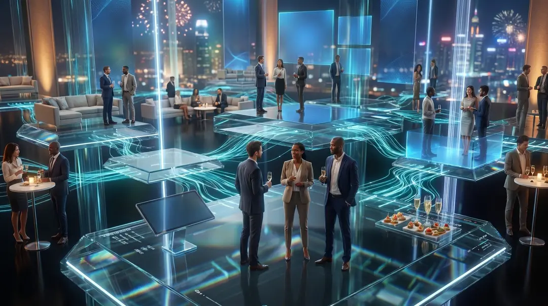 Business guests at an evening event on glowing glass platforms, city skyline behind