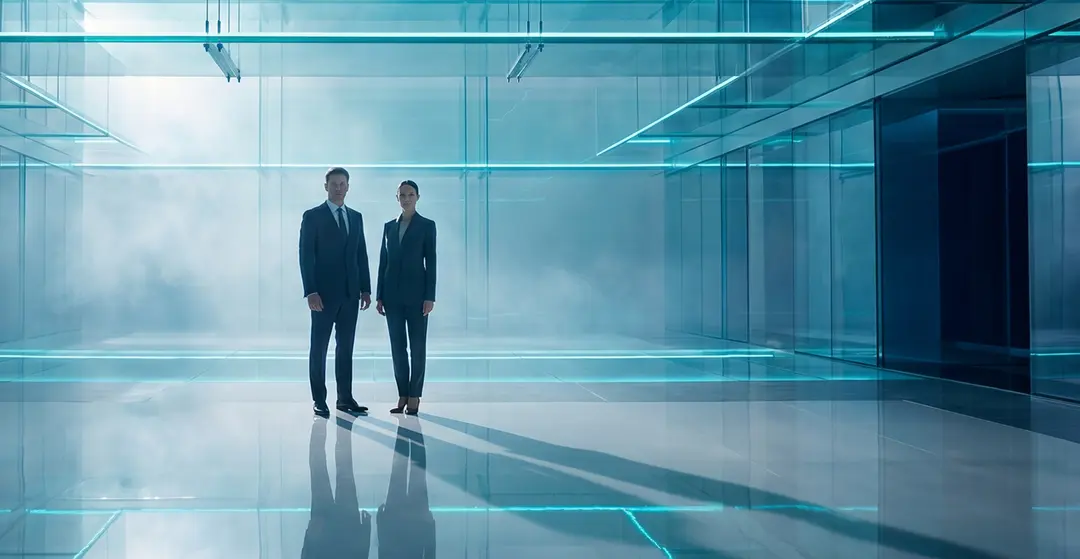 Two executives standing in a misty glass-walled data hall