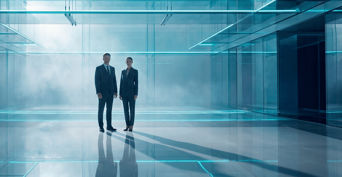 Two executives standing in a misty glass-walled data hall