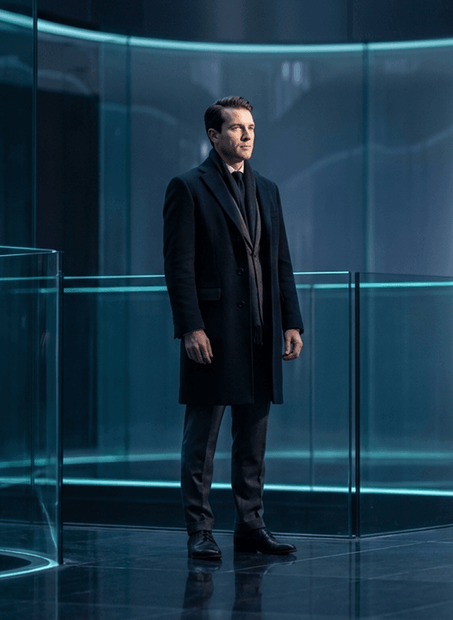 Businessman in an overcoat standing in a circular glass room