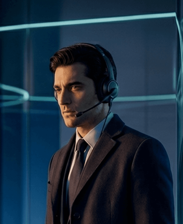 Business professional wearing a headset in a glass office