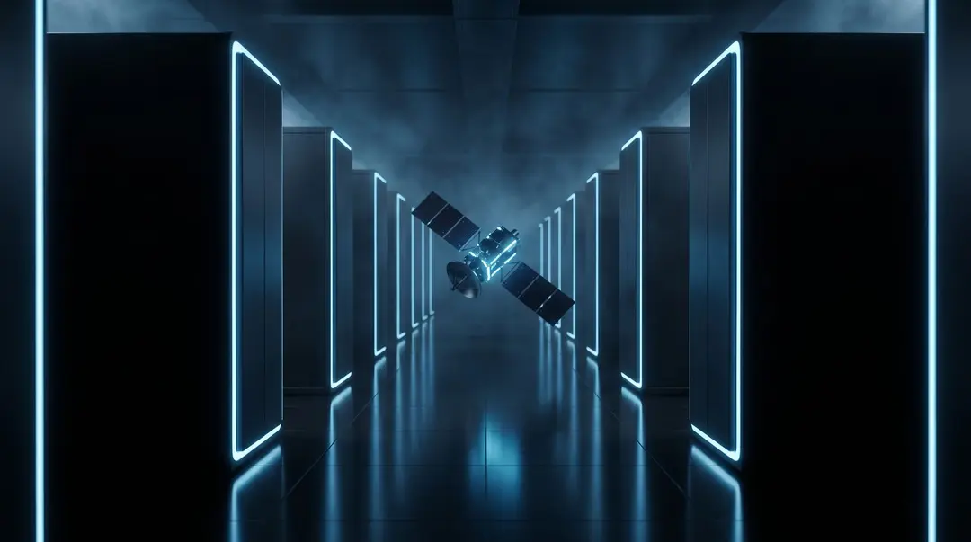 Satellite floating in a dark data centre corridor lined with glowing server racks