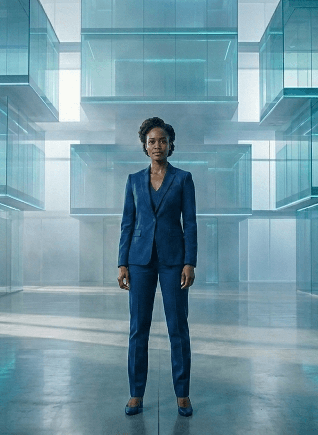 Businesswoman in a blue suit standing in a glass-walled hall