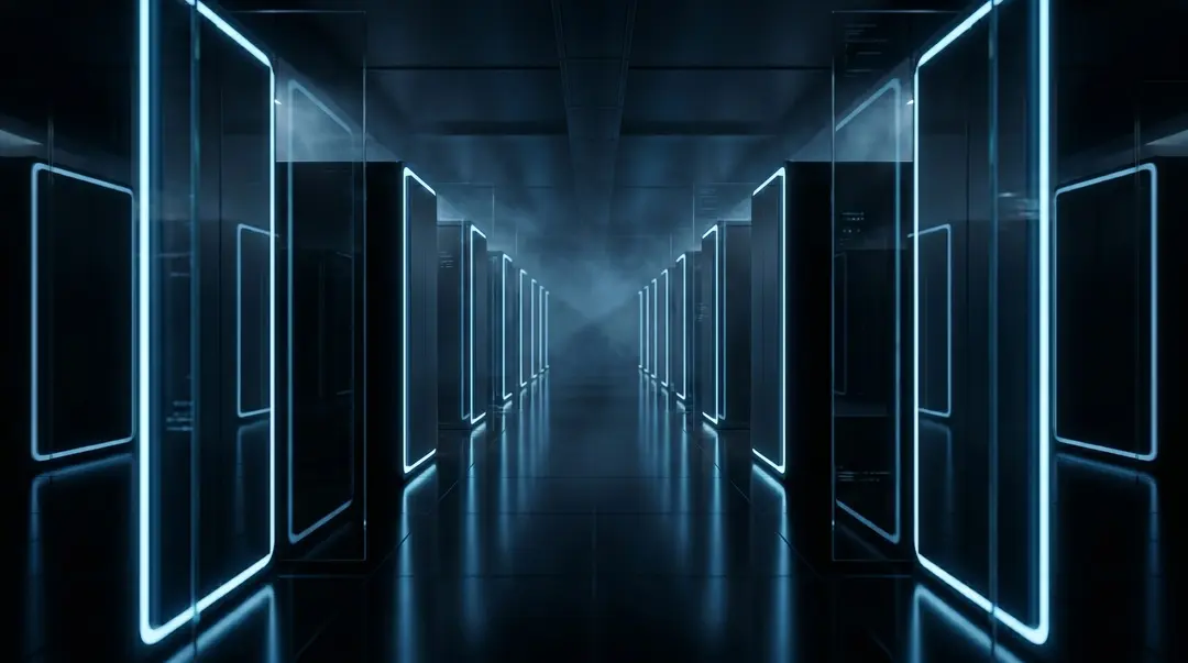 Dark data centre corridor of server cabinets outlined in glowing blue light