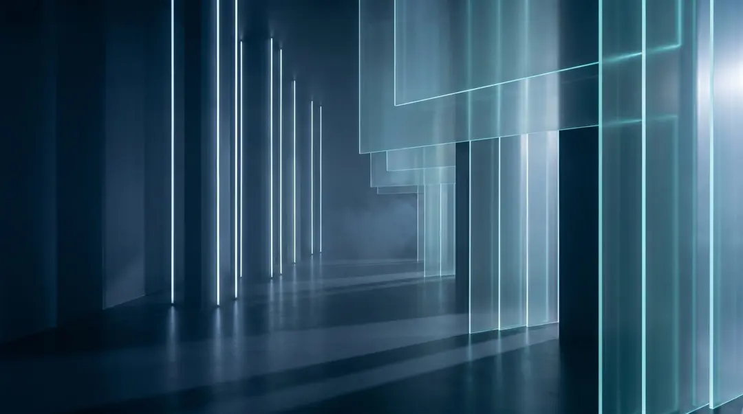 Corridor of tall glass panels lit by soft teal light