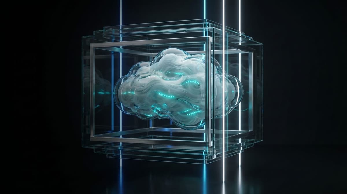 Glass cloud inside a transparent cube, representing hosted cloud PBX