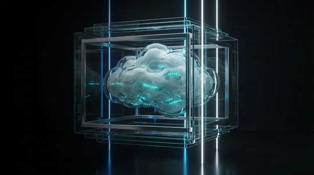 Glass cloud inside a transparent cube, representing hosted cloud PBX