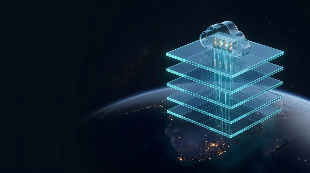 Glass cloud holding server racks above a stack of glass layers over southern Africa at night