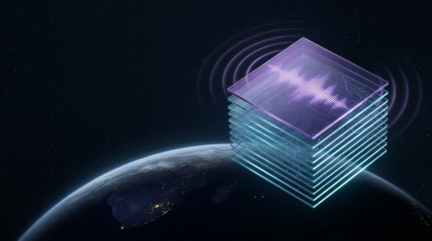 Violet glass layer with a sound wave and signal rings above a stack of glass layers over southern Africa at night