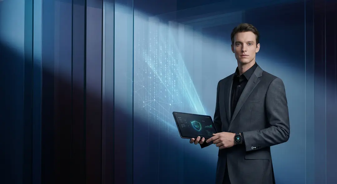 Business professional holding a laptop in a modern server room