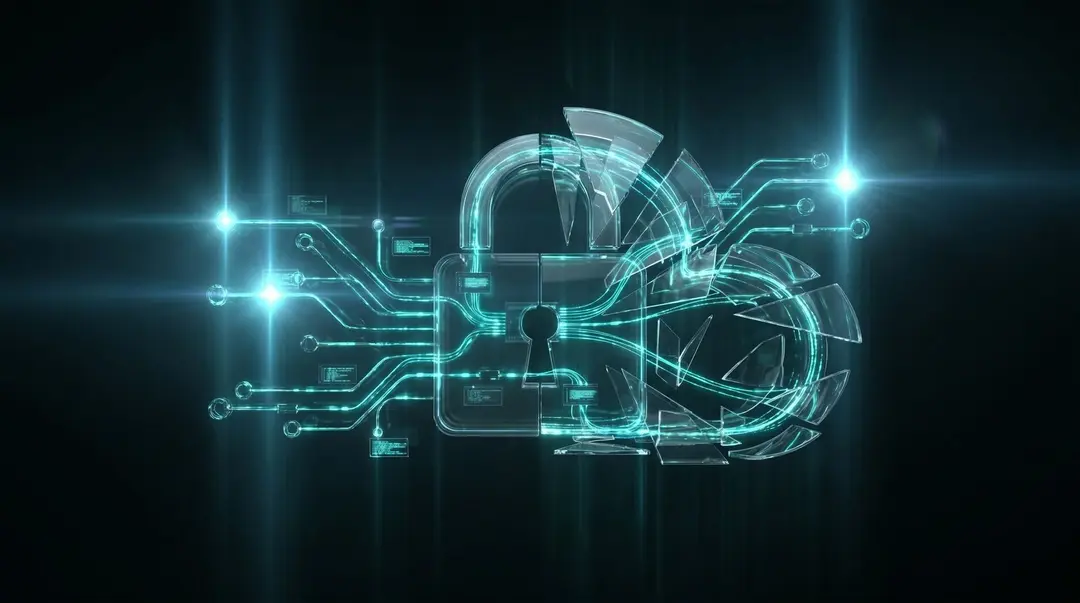 Glass padlock merged with a cloud and glowing circuit lines, symbolising firewall protection