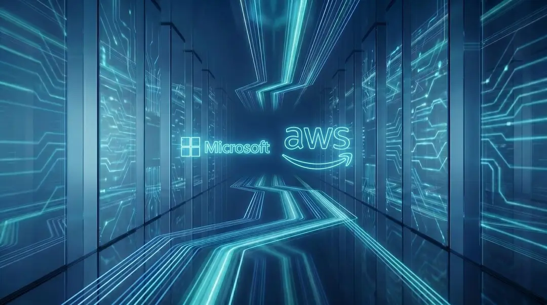 Data centre corridor with glowing Microsoft and AWS logos, for direct peering