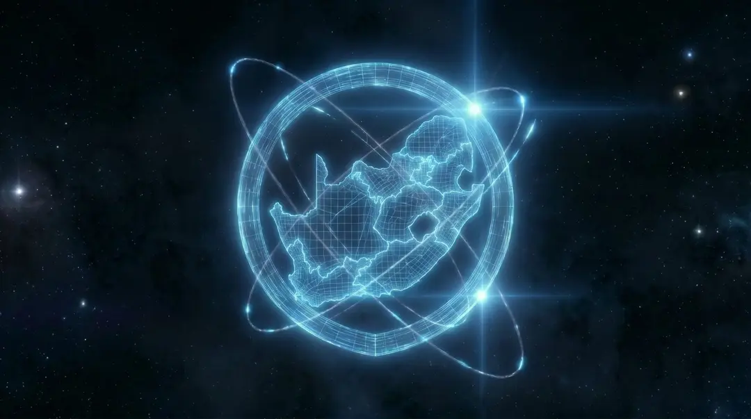 Map of South Africa inside a glowing globe with orbit rings, for national and global reach